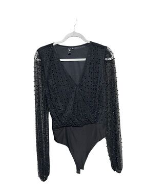 Windsor Black Pearl Mesh Bodysuit | Sheer Long Sleeve Party Top | Glam Evening